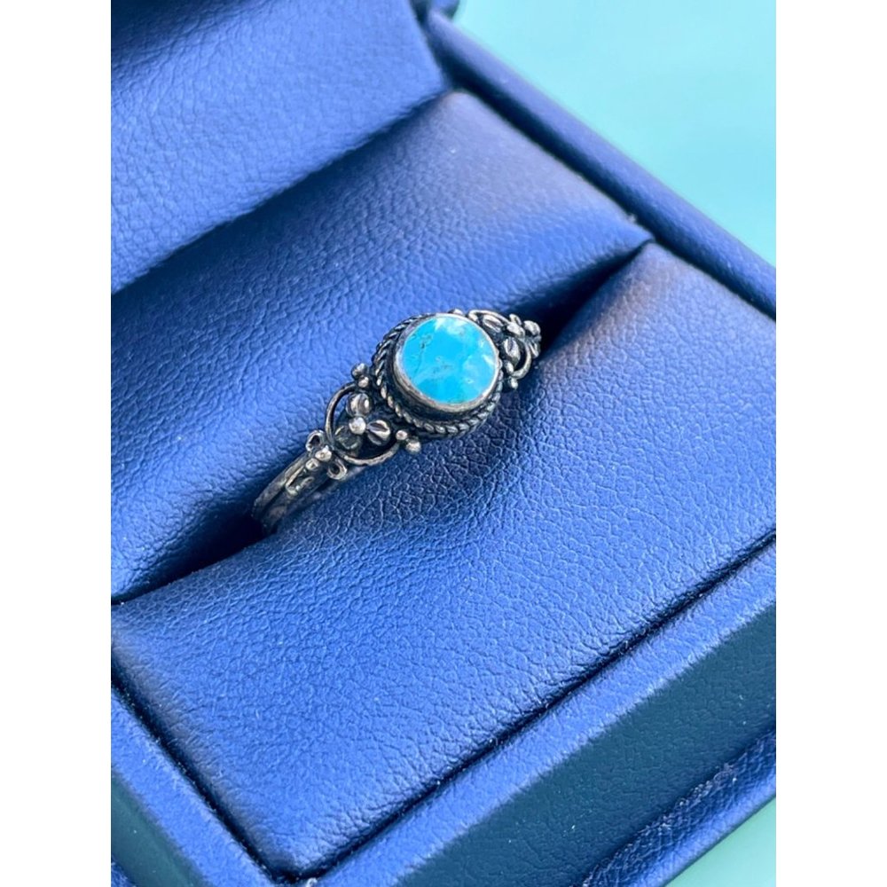 Vintage Southwest Blue Turquoise Ring With Flowers Sz 7 3/4 - Picture 3 of 10